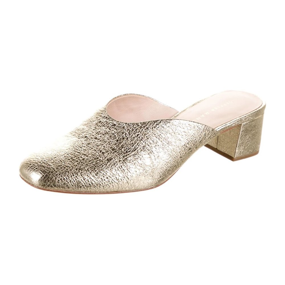Loeffler Randall Gold Leather Block Heel Mules EUC